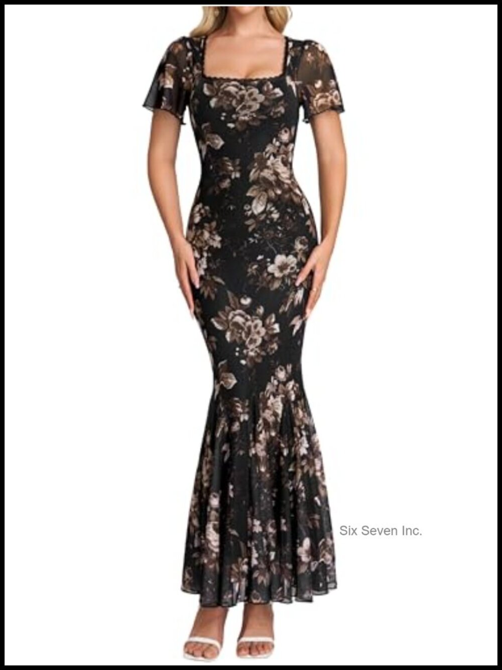 Womens Mesh Floral Print Maxi Dress Square Neck Short Sleeve Summer Wedding